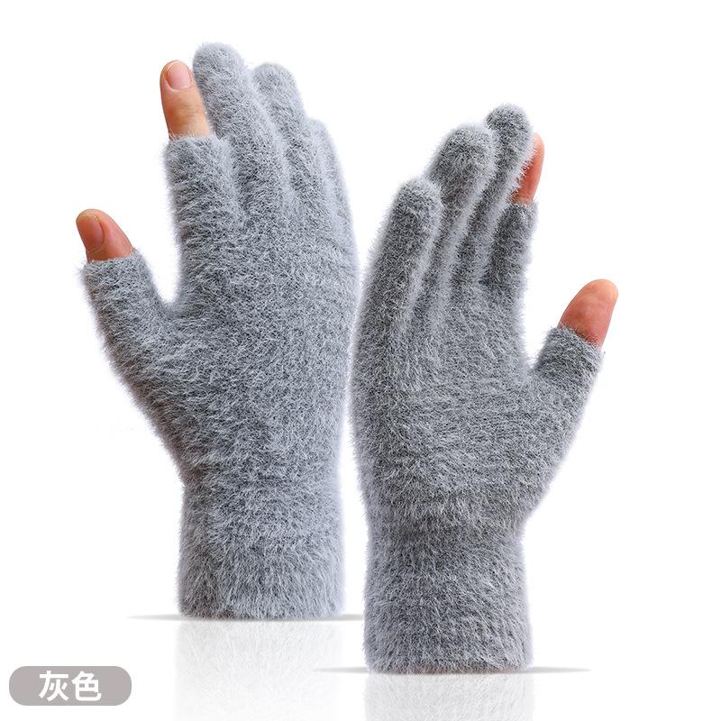 Gants d'hiver résistants au froid et à la chaleur, gants en peluche tricotés en fausse fourrure de vison avec demi-doigts pour l'automne, l'hiver, la maison et l'extérieur