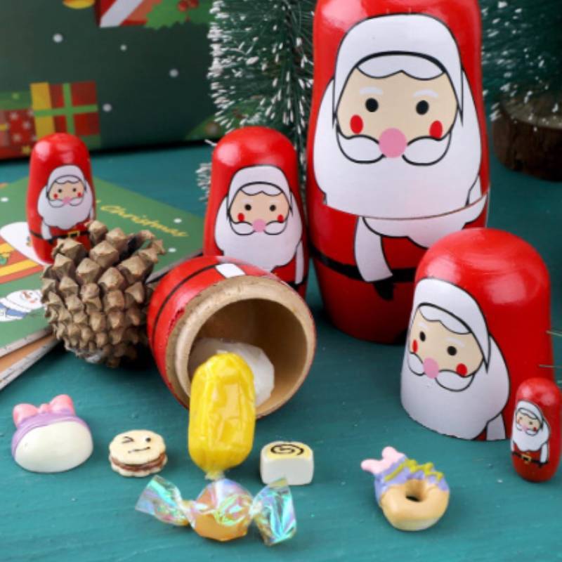 Wooden Russian Nesting Dolls Set With Christmas Decor And Modern Minimalist Style For Holiday Gift