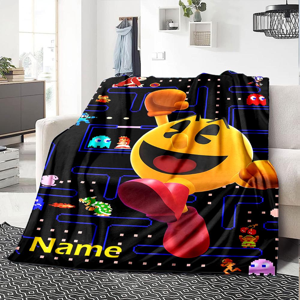 Custom Name Pac-Man Theme Printed Blanket - Perfect for Couch, Bed, Travel & Outdoor Use | Machine Washable, Cozy & Durable.