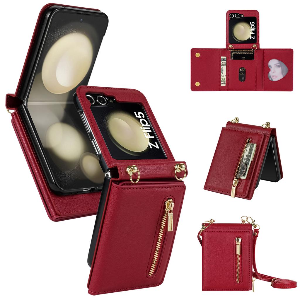 Crossbody Zipper Cards Solt Wallet Leather Case For Samsung Galaxy Z Flip 6 5 4 3 5G Flip6 Flip5 Triple Fold Pocket Purse Cover