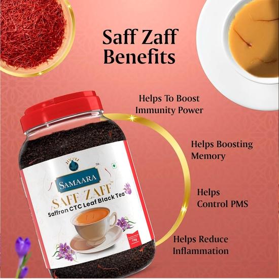 JIVVIJ SAMAARA Saffron Tea 1kg | Flavoured CTC Assam Black Leaf Tea | Kesar Chai Patti Powder | Saff Zaff Jar