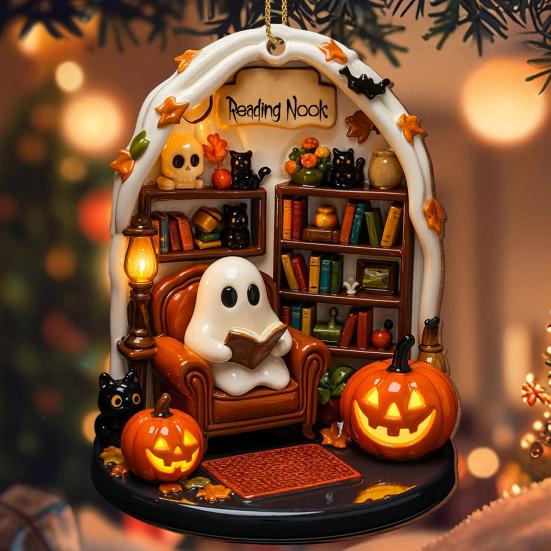 Halloween Ghost Ornament Acrylic Ghost-Themed Reading Cooking Painting Ornament Tree Hanging Decoration for Indoor Home Decor