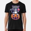 Cute Cat Sitting On Pumpkin - Halloween T-Shirt S-5XL Best T-Shirt