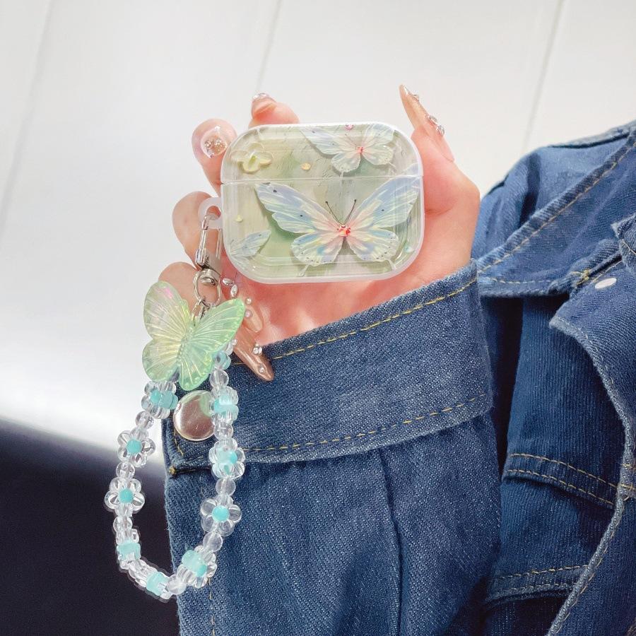 Oil painting wind green pink butterfly apple airpodspro1 wireless bluetooth headset case 1/1/1 generation headset cover pendant