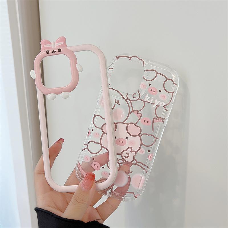Kreative Persönlichkeit niedlichen 3D-Bär Rahmen Cartoon Linie rosa Schwein 2 in 1 Anti-Fall-Shell für iPhone 14 13 12 11 Pro Max Handyhülle