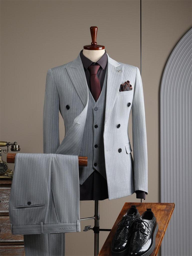 Apricot White Striped Double-Breasted Slim-Fit Suit Set for Casual, Groom, or Formal Business Attire.