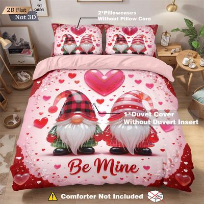 3pcs Valentine's Day Romantic Pink Love Goblin Print Coreless Down Duvet Cover Set Multi Size Bedroom Bedding Holiday Decoration
