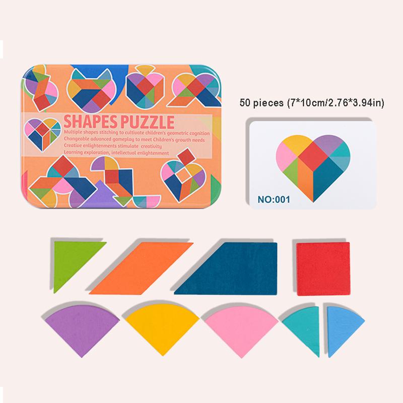 

Creative colorful iron box tangram, children s early education, heart / egg-shaped nine tangrams, wooden DIY large puzzle toy