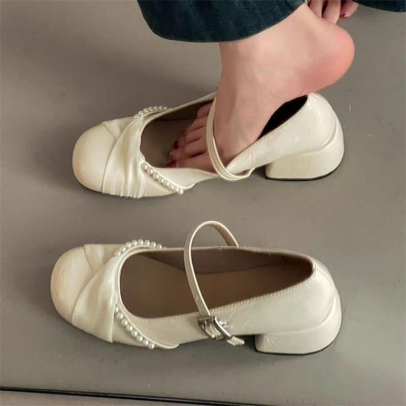 Piękne perłowe czółenka Mary Jane damskie jesienne nowe baletki temperament gruby obcas ze spódnicą skórzane buty