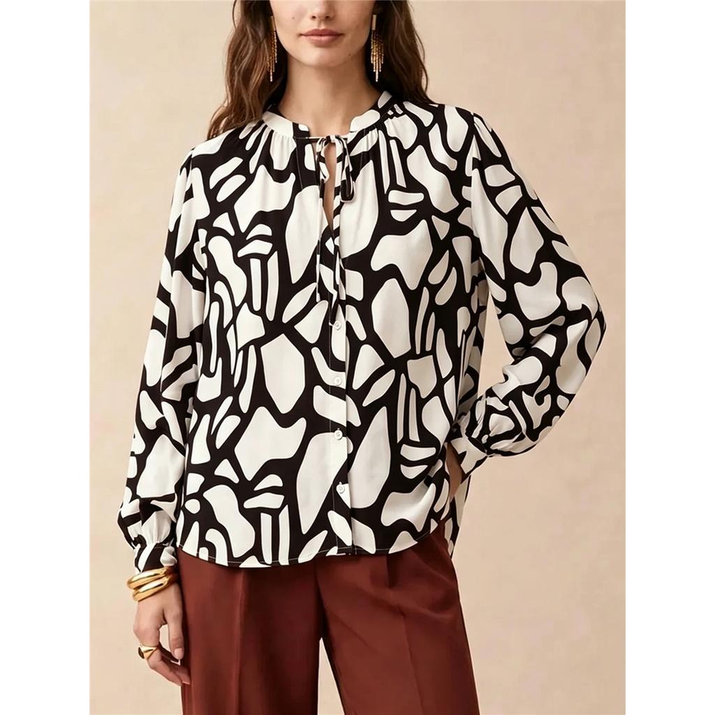 Damen geometrischer Print Bluse Krawattenkragen Langarm Locker Lässig Stehkragen Hemd Herbst Büro Damen Oberteil