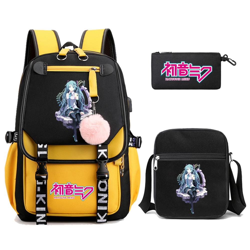 3ks/sada Anime Kreslený Batoh s Potiskem Hatsune Miku s Taškou přes Rameno pro Teenagera Studenta Dívku Chlapce Velkokapacitní Voděodolný Školní Batoh Mochila