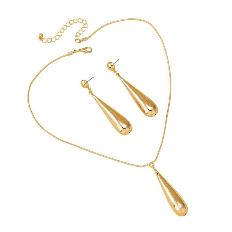 

Fashionable Gold Tone Waterdrop Pendant Neckchain and Drop Earrings Set Handmade Jewelry Accessories for Women Girls 1