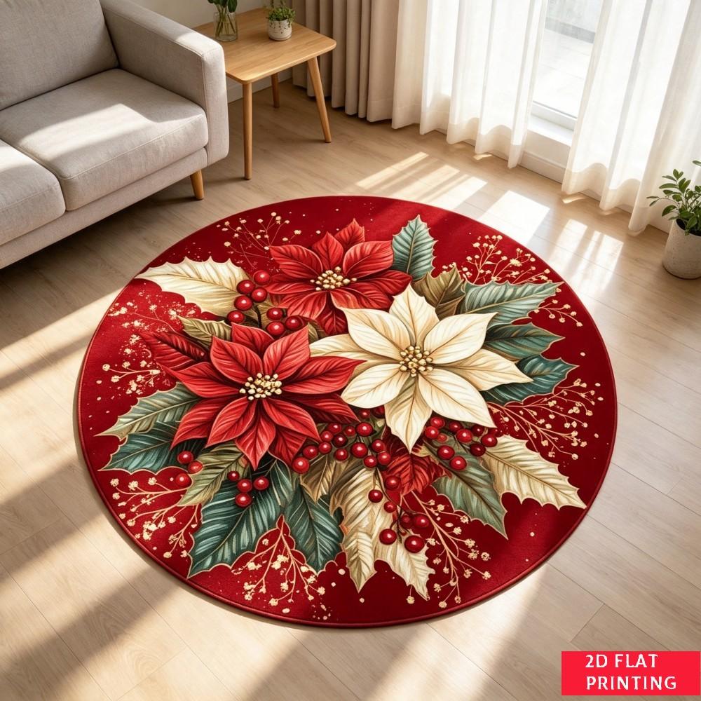 Christmas Poinsettia Round Area Rug, Red White Flower Berry Leaf Printed Circle Carpet, Non-Slip Floor Mat For Holiday Home