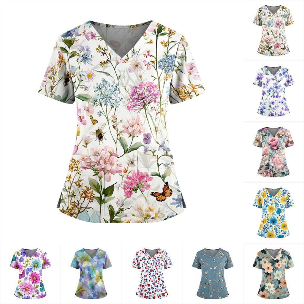 Women's floral print V-neck double pocket short-sleeved uniform/caregiver top with slits at the hem