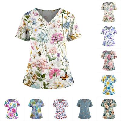 Women's Floral Print V-neck Double Pocket Short-sleeved Uniform/caregiver Top with Slits At the Hem