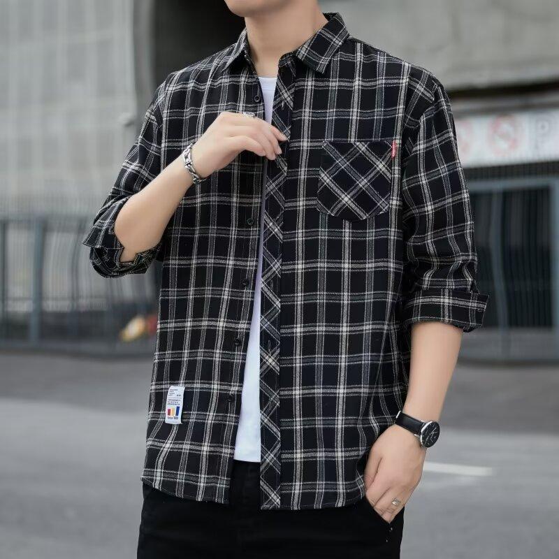 Fashion Men's Long-sleeved Shirt Spring and Fall Men's Plaid Shirt Square Collar Straight Youth Fashion Shirt