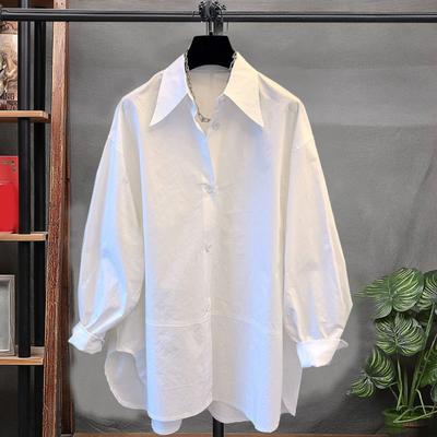 Women's Shirt Cotton Long Sleeve Loose Fit Blouse Solid Color Pointed Lapel Collar Spring