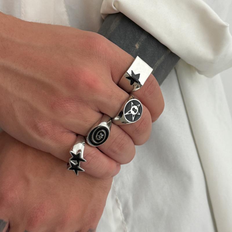 IF ME 4Pcs/Set Black Five-Pointed Star Wide Rings for Men Hiphop Silver Color Geometric Thick Opening Finger Rings Sets Jewelry Gifts