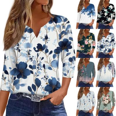 Damska koszulka T-shirt z nadrukiem Rękaw 3/4 Codzienny weekend Moda Podstawowy Dekolt w kształcie litery V Regularny top