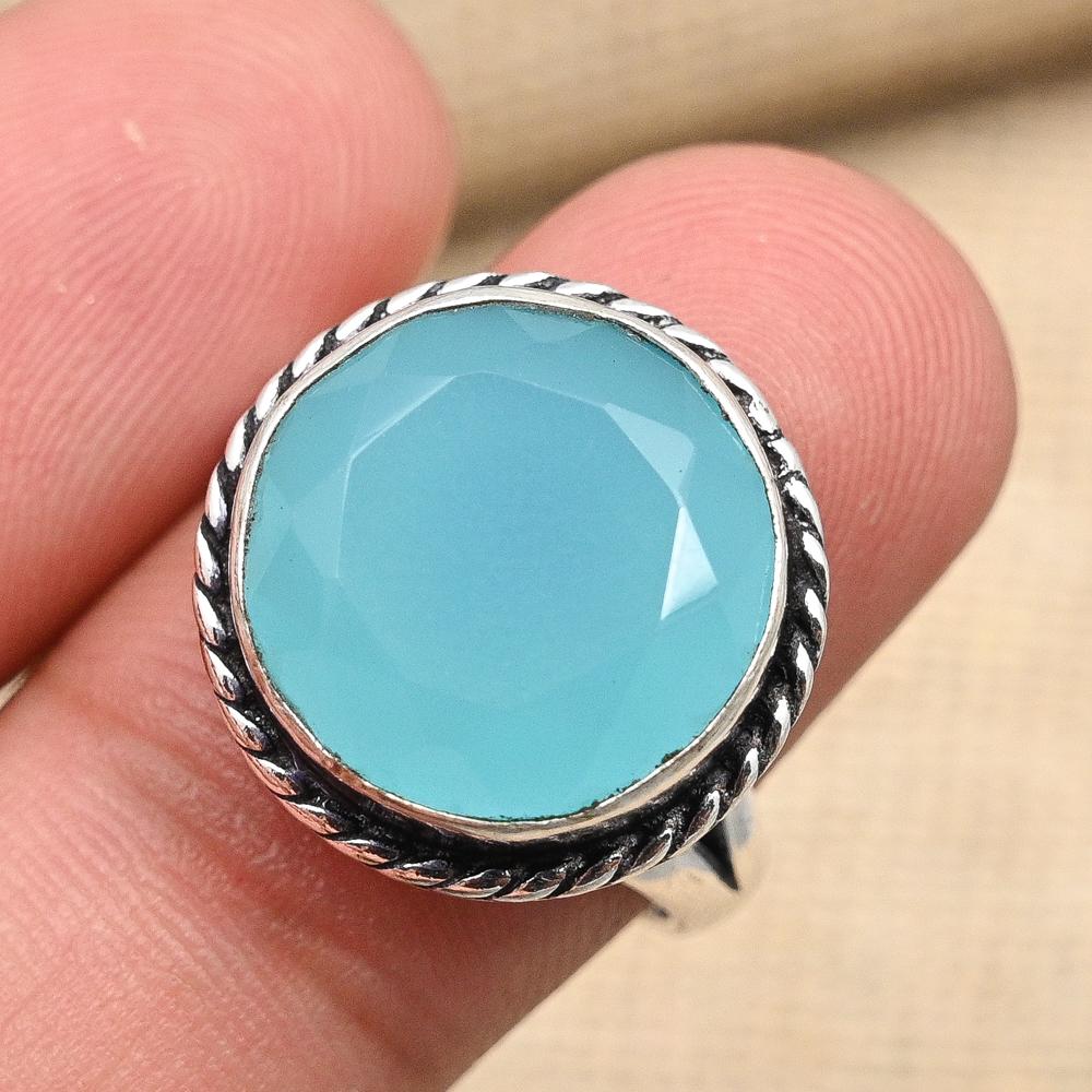 Blue Chalcedony Ring 925 Sterling Silver Handmade Lab-Created Jewelry For Birthday Gift