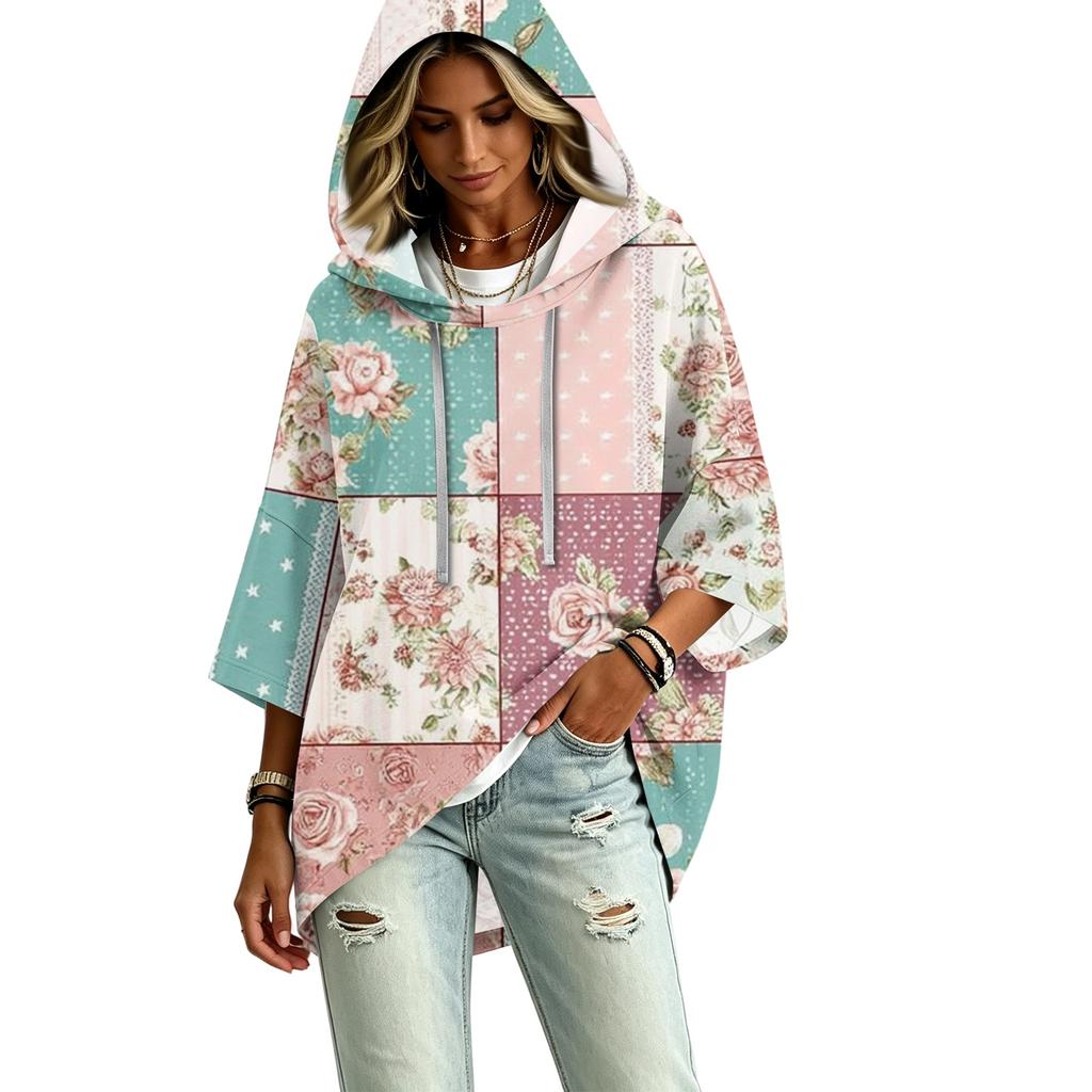 Women's Fashion Hooded Pullover Top with Three-Quarter Sleeves and Patchwork Print