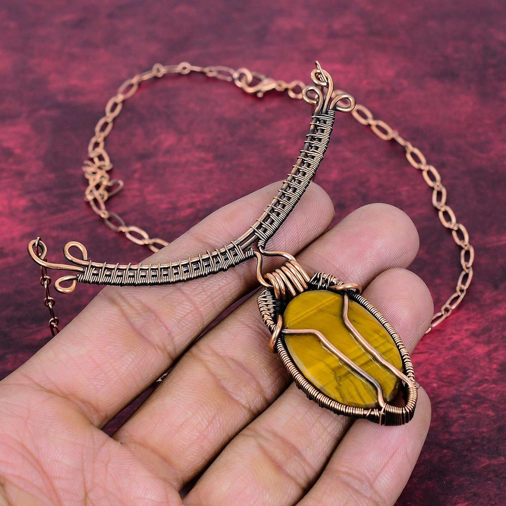 Tiger's Eye Gemstone Necklace Copper Wire Wrapped Adjustable Chain Necklace
