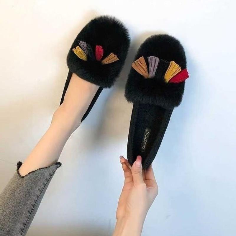 Tassel thick-soled fluffy shoes women's winter new outer wear velvet imitation rabbit fur one pedal Doudou shoes warm cotton shoes