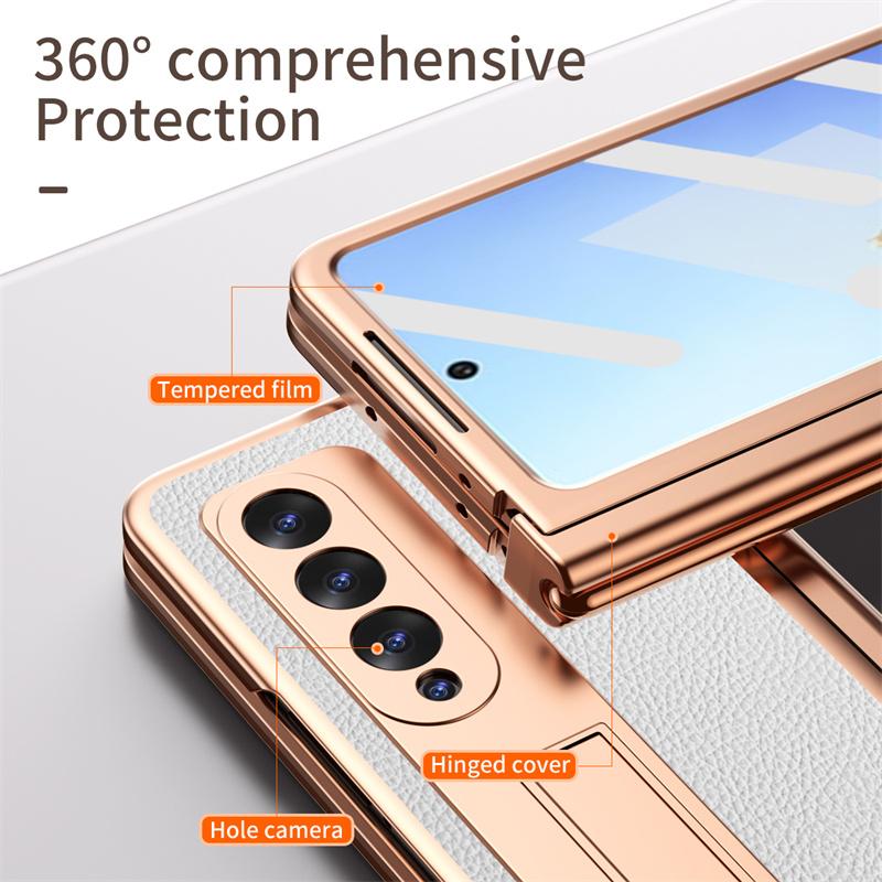 Fully Protected Electroplated PC Leather Bracket Hinge Phone Case For Samsung Galaxy Z Fold 5 4 3 2 Screen Protector With S Pen