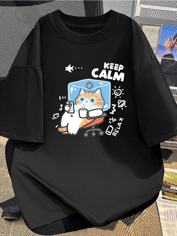 Cartoon Cat Pattern Printed Design Women Pure Cotton Short Sleeved Tshirt American Minimalist Style Top Loose Shirt Street Wear