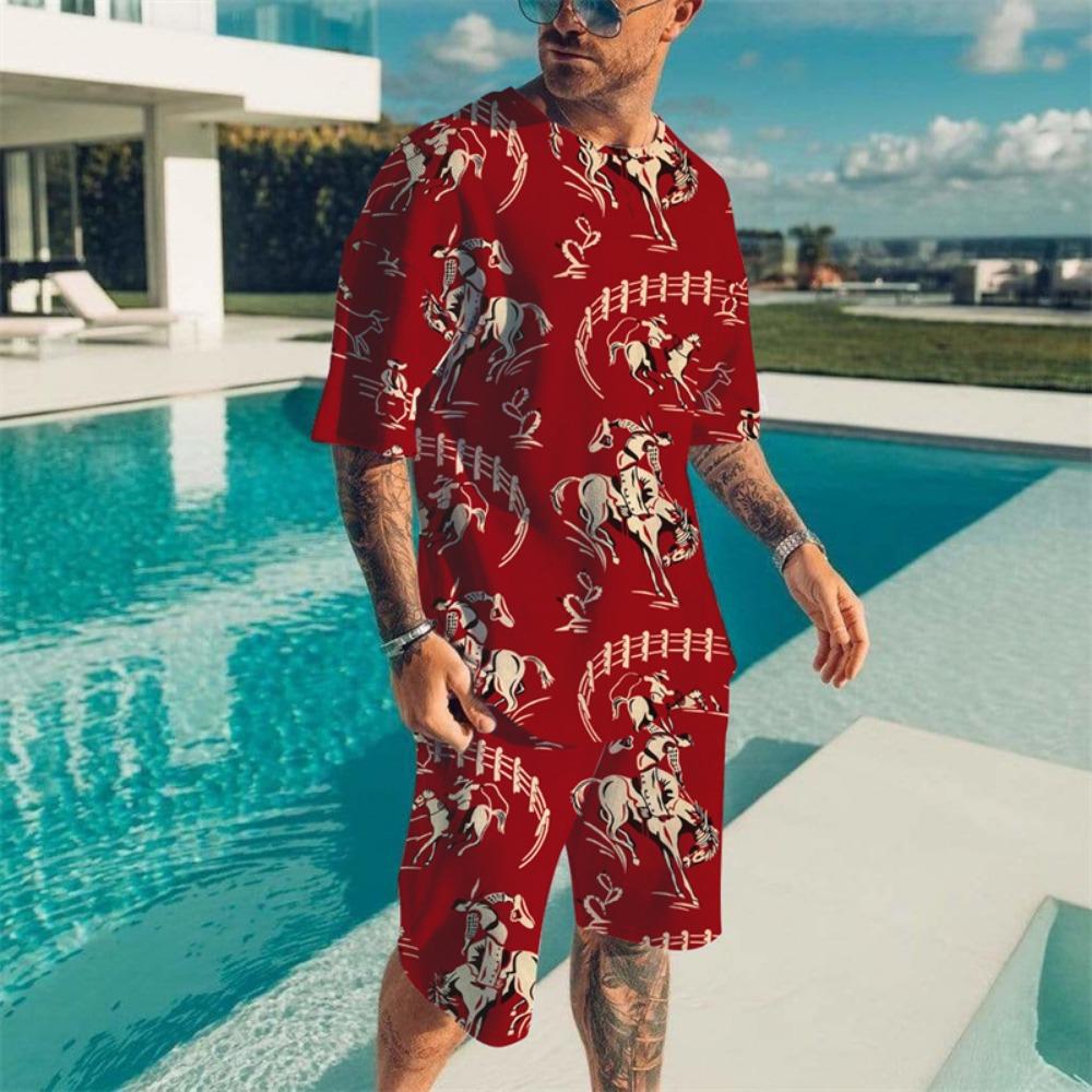 Vintage Wave Print T-shirt Set Summer Men's Beach Breathable Short Sleeve 2 Piece Set Men's Fashion Tops Set Men's Clothing