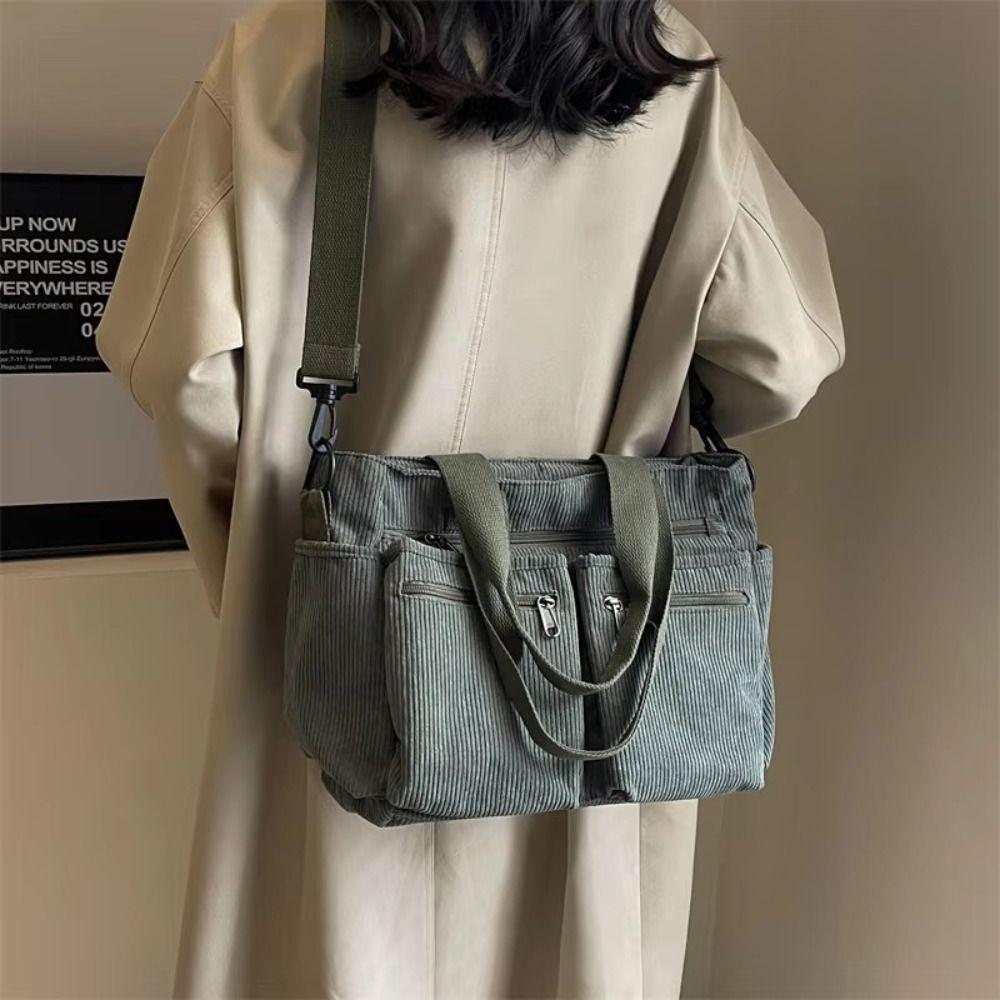

Multi Layers Women Tote Bags Large Capacity Retro Shoulder Bag Corduroy Messenger Bag Streetwear бежевий