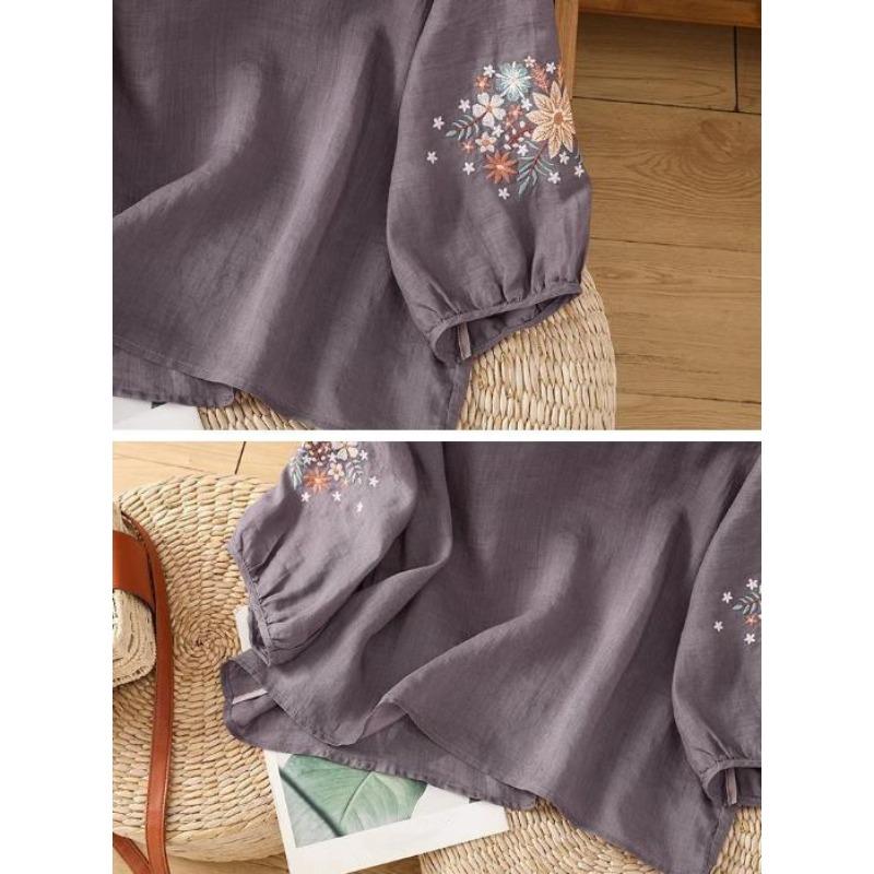 Ladies Shirt Spring Summer Round Neck Embroidered Women's Blouse Elegant Linen Lady Loose