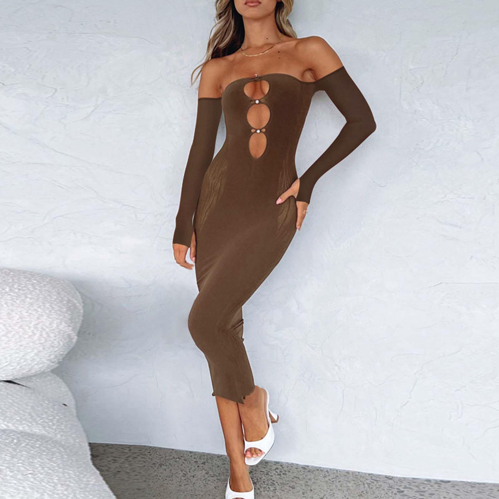 

Women s Fashion Mesh Long-Sleeved Hollow Out The Bust Sexy Splicing Package Hip Dress M