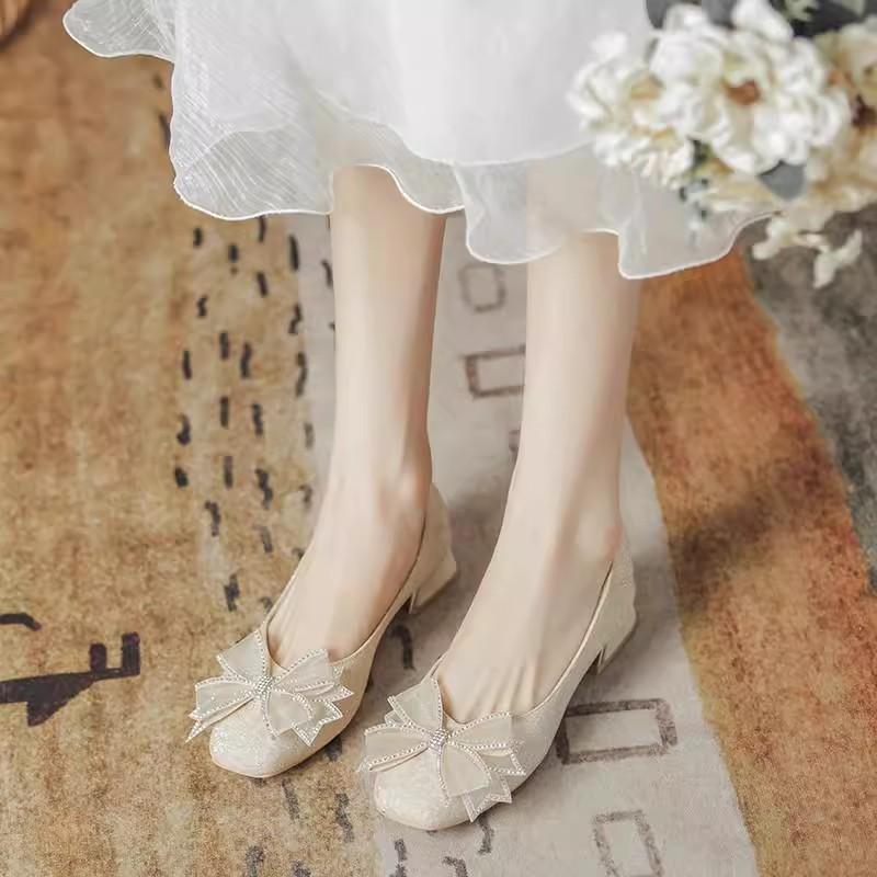 Spring and Autumn Thick Heel Single Shoes Women's New Princess Style with Skirt Cheongsam Engagement Shoes Bride Bridesmaid Shoes
