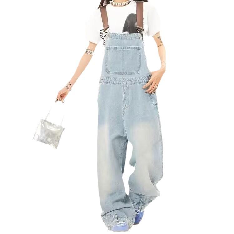 Uniseksowe, jasnoniebieskie, retro, jeansowe, szerokie ogrodniczki