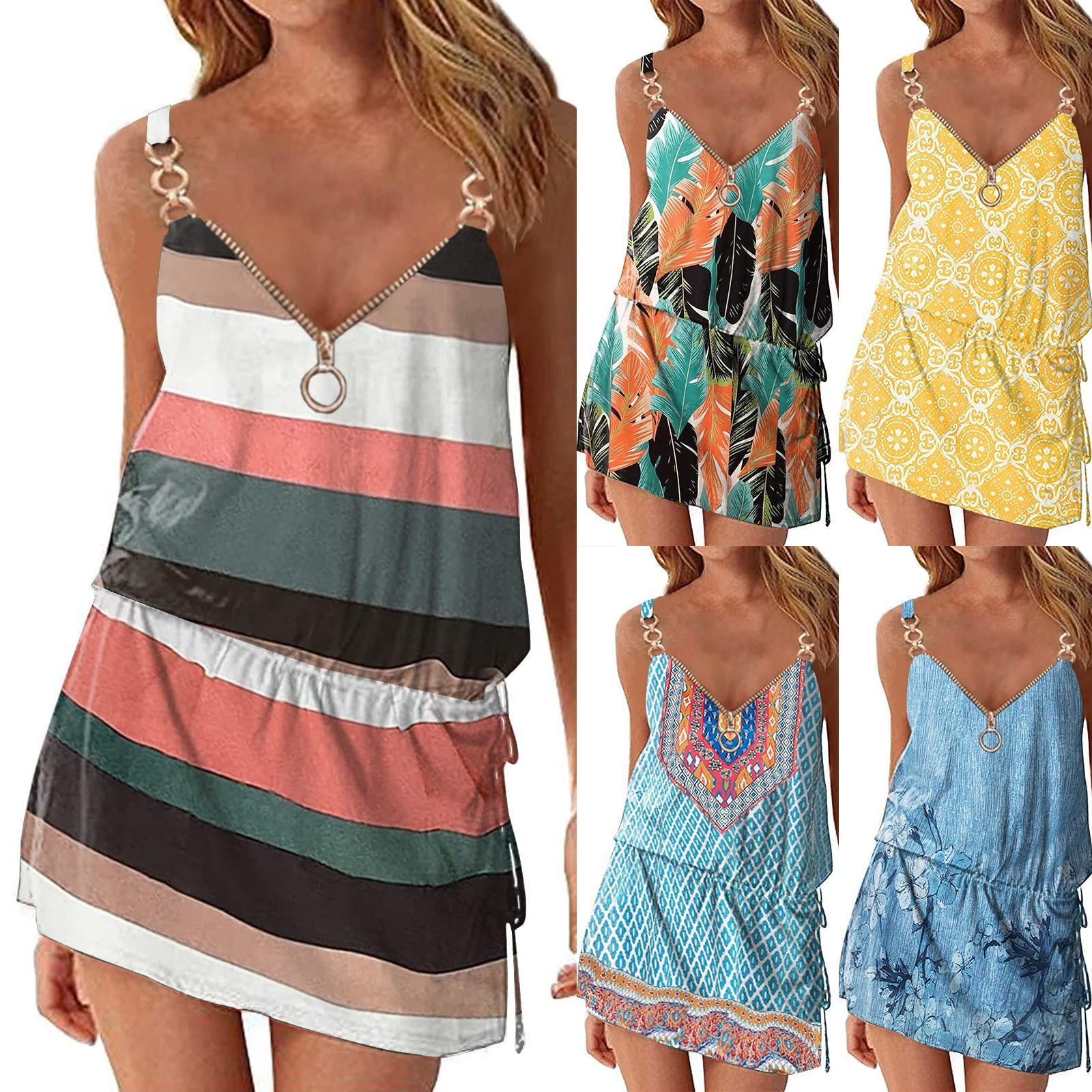 

Женское летнее платье Boho Футболка с цветочным принтом Майка с карманным мини-платьем