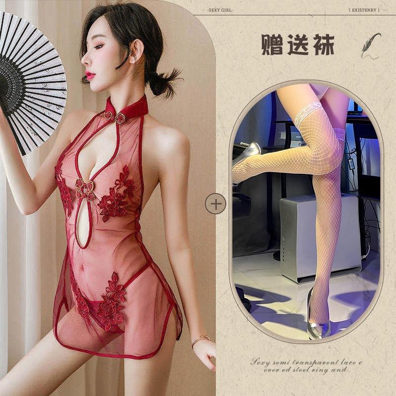 New European and American erotic underwear, sexy lace slit uniform mesh classical embroidered cheongsam set