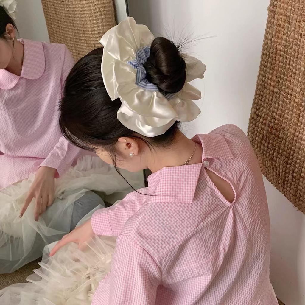 Korean Version, Oversized, Blue Striped Headband, High-end Feel, Ballet Style, Satin Headband with Meatballs, Versatile Headband