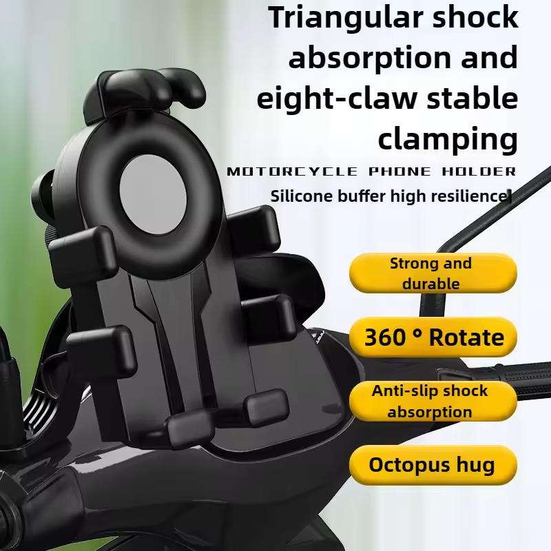 Anti-Shock Phone Mount 8-Point Claw Secure 360°Adjustable Rotatable Holder for Bike Motorcycle E-Bike for 4.7-7 Inch Smartphones