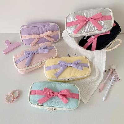 Ins Soft Fabric Pencil Bag Student Simple Bow Storage Bag Stationery Bag Desktop Storage Bag
