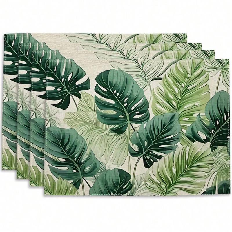 4pcs Tropical Leaf Printing Table Placemats Green Leaves Printed for Tables Linen Table Mat Home Kitchen Dining Pads