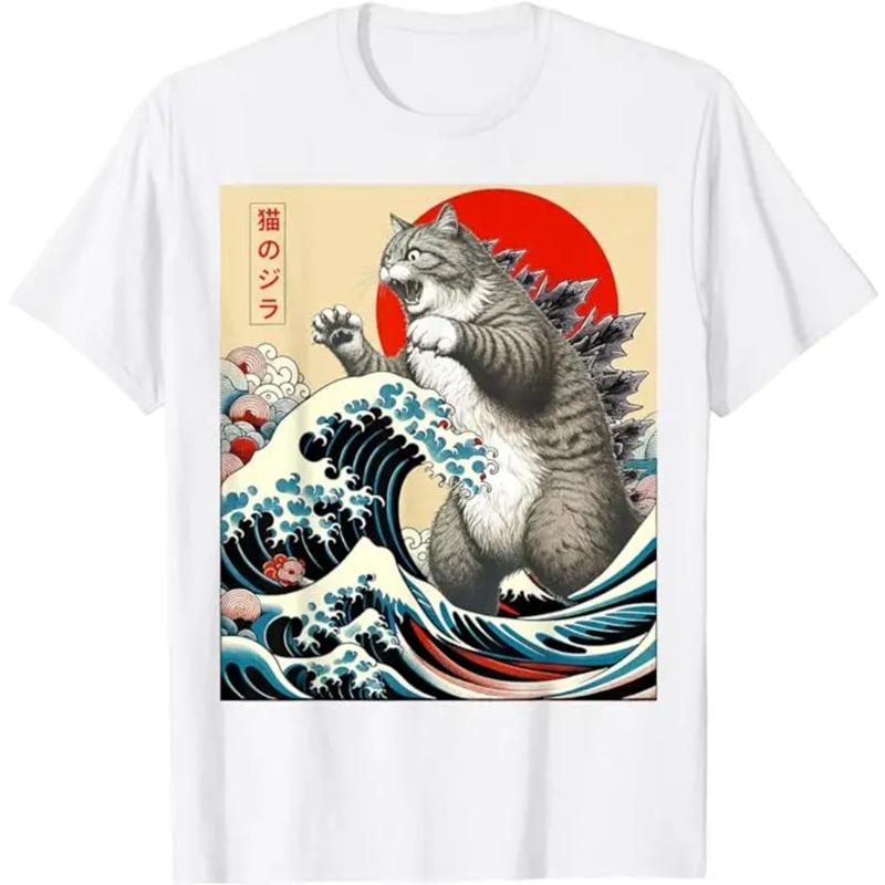 Catzilla Cat Japanese Art Funny Cat Gift for Men and Women High Quality Round Neck Short Sleeve Cotton T-shirt Top Short Sleeve