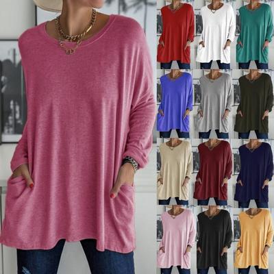 Camiseta informal de manga larga con cuello redondo y bolsillos para primavera y verano para mujer, camiseta holgada de Color sólido a la moda de talla grande