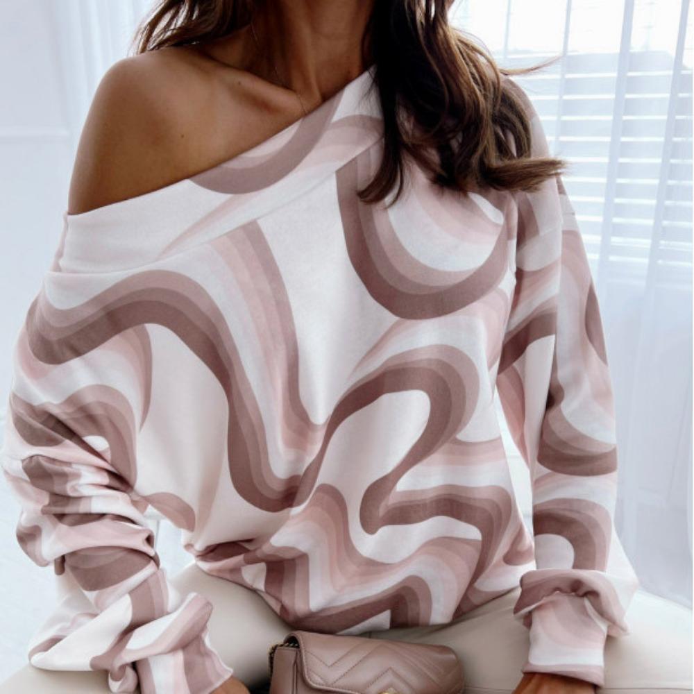 Camiseta de manga larga de otoño con estampado de leopardo y hombros caídos y holgada sexy para mujer