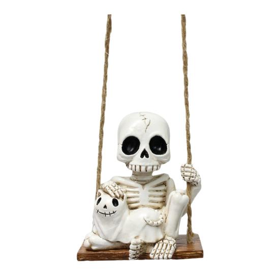 Skeleton And Ghost Cat Figurine Halloween Swing Skeleton Ornament Gothic Hanging Decoration for Car Rearview Mirror Home Halloween Party Decor