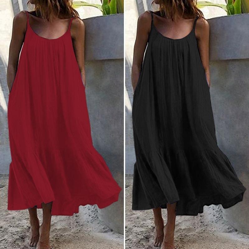 Summer Loose Ruffle Edge A-line Large Size Dress Solid Color Long Dresses Fashion Sleeveless Casual Sweet Suspender Strap Party Simple Elegant Dress