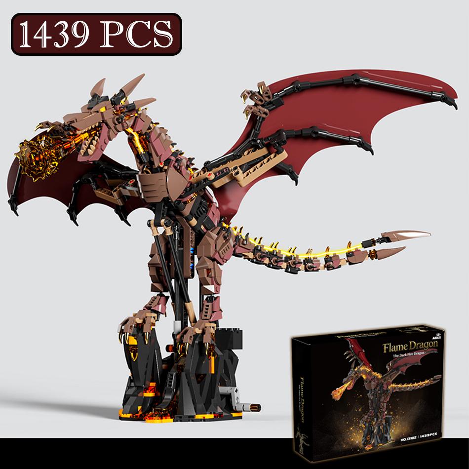 MOC Mechanical Fire Dragon Building Blocks Medieval Thrones Flame Dragon with Motor Bricks Toy for Kids Birthday Gift Home Decor