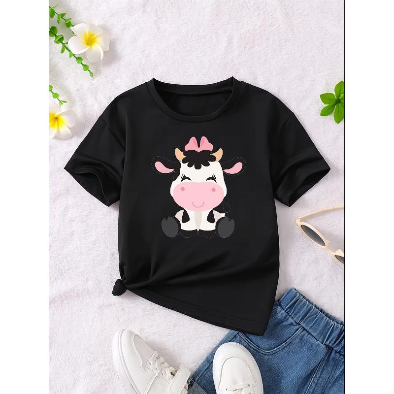 European sizes  Girls' Casual Cotton T-Shirt with Cartoon Cow Print Top