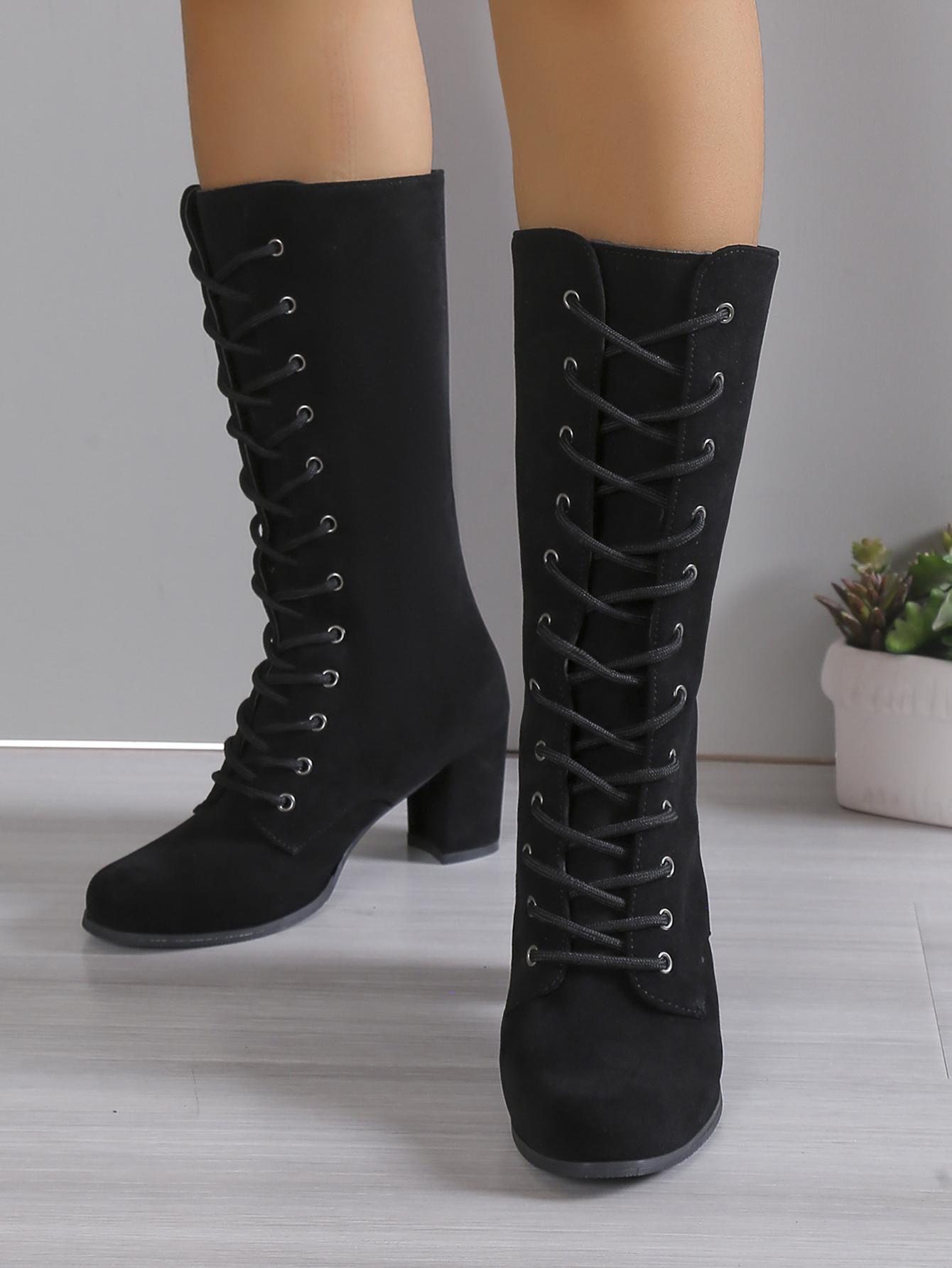 

Зимние женские сапоги, модные винтажные ботинки на шнуровке, женские круглые ковбойские сапоги на высоком каблуке, женские сапоги-ботинки 36 чёрный