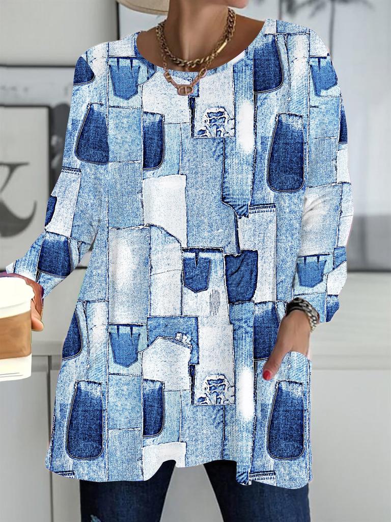 2025 Autumn Winter New Plus Size Women's Tops, Grid Pattern 3D Print Fashion Crew Neck Long Sleeve T-Shirts